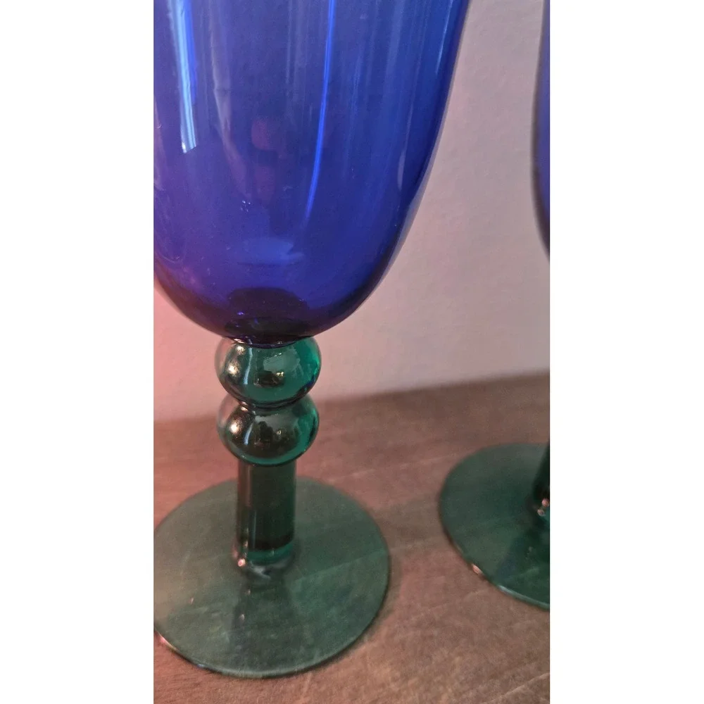 Vintage Cobalt Blue Emerald Green Art Glass Wine Goblets Pair 7.5